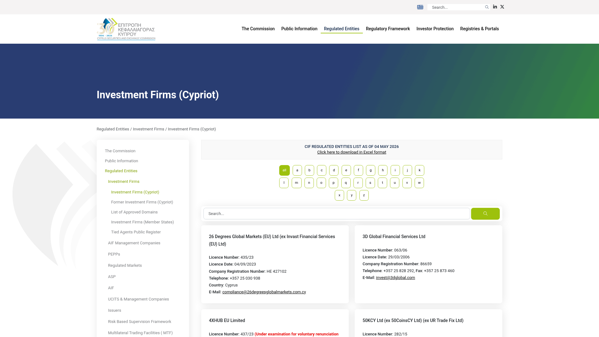 CySEC's register of regulated Cypriot investment firms