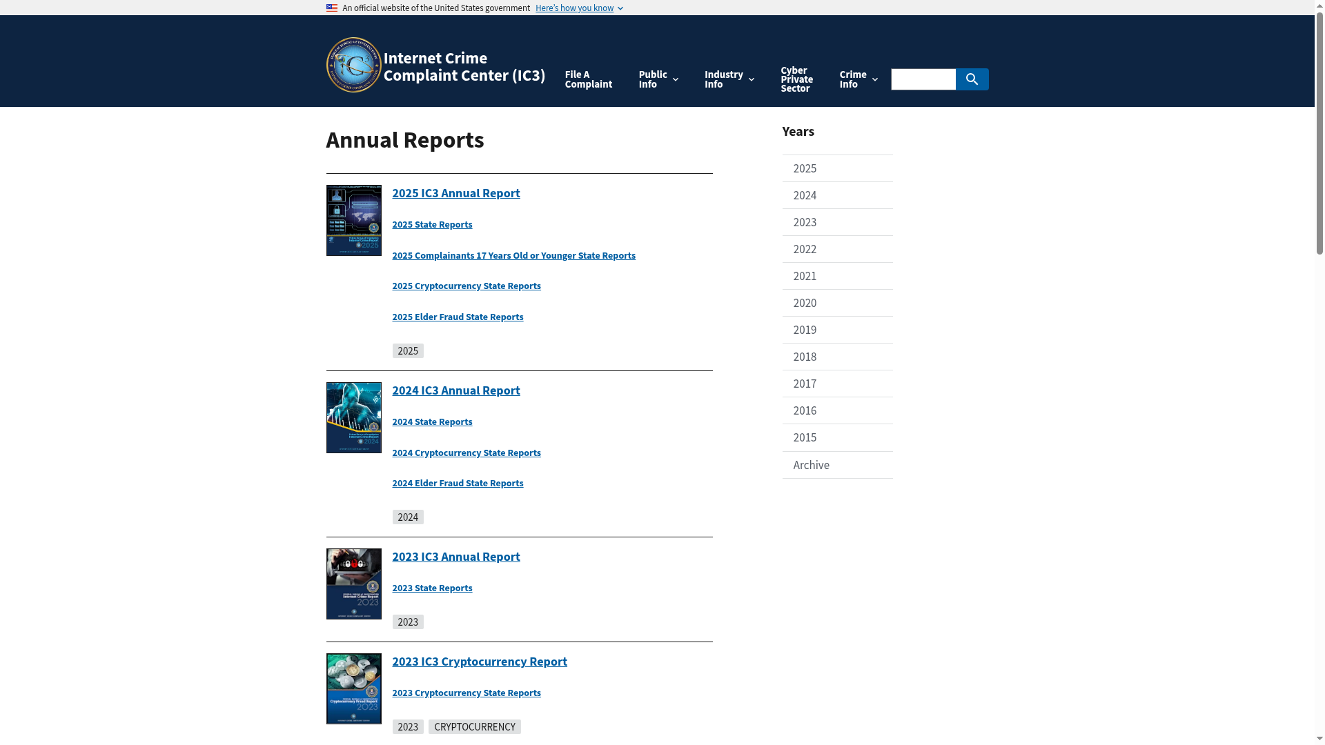 The FBI IC3 annual internet crime report index
